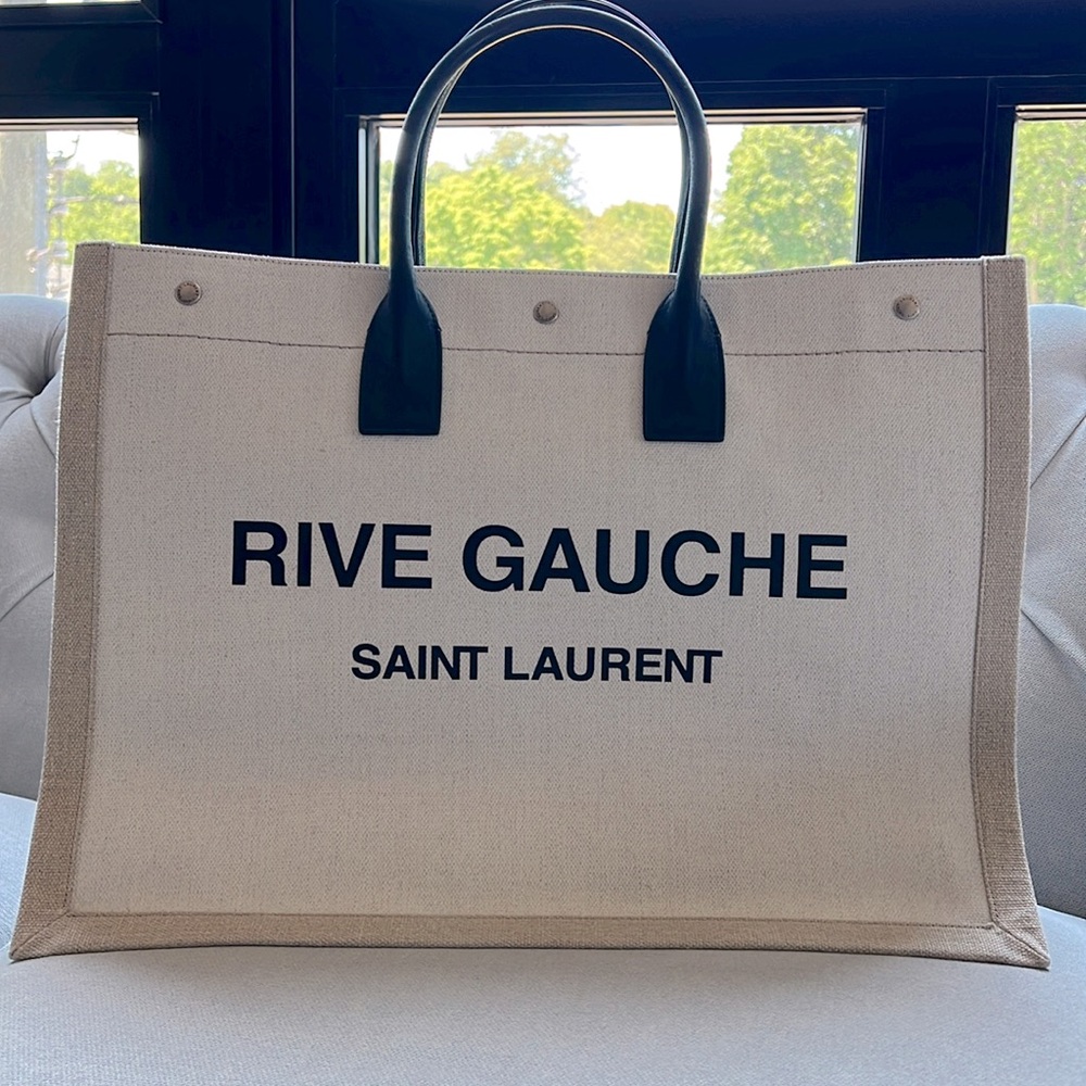 YSL Rive Gauche Large Tote Bag In Printed Canvas And Leather Lin Blanc Like New